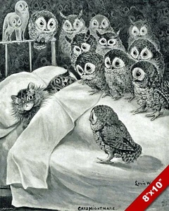 Louis Wain Cat Nightmare Owl Bird Painting Real Canvas Art Print - Picture 1 of 5