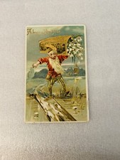 Happy New Year Postcard ELF GNOME Delivering Gold Basket Snowdrops