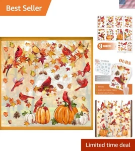 9 Sheets of Thanksgiving Window Clings - Fall Maple Leaves & Glitter Birds - Picture 1 of 9