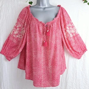 Monsoon Beach Pink White Embroidered Boho Top Size L 18+ Bust 50" Length 25" - Picture 1 of 8