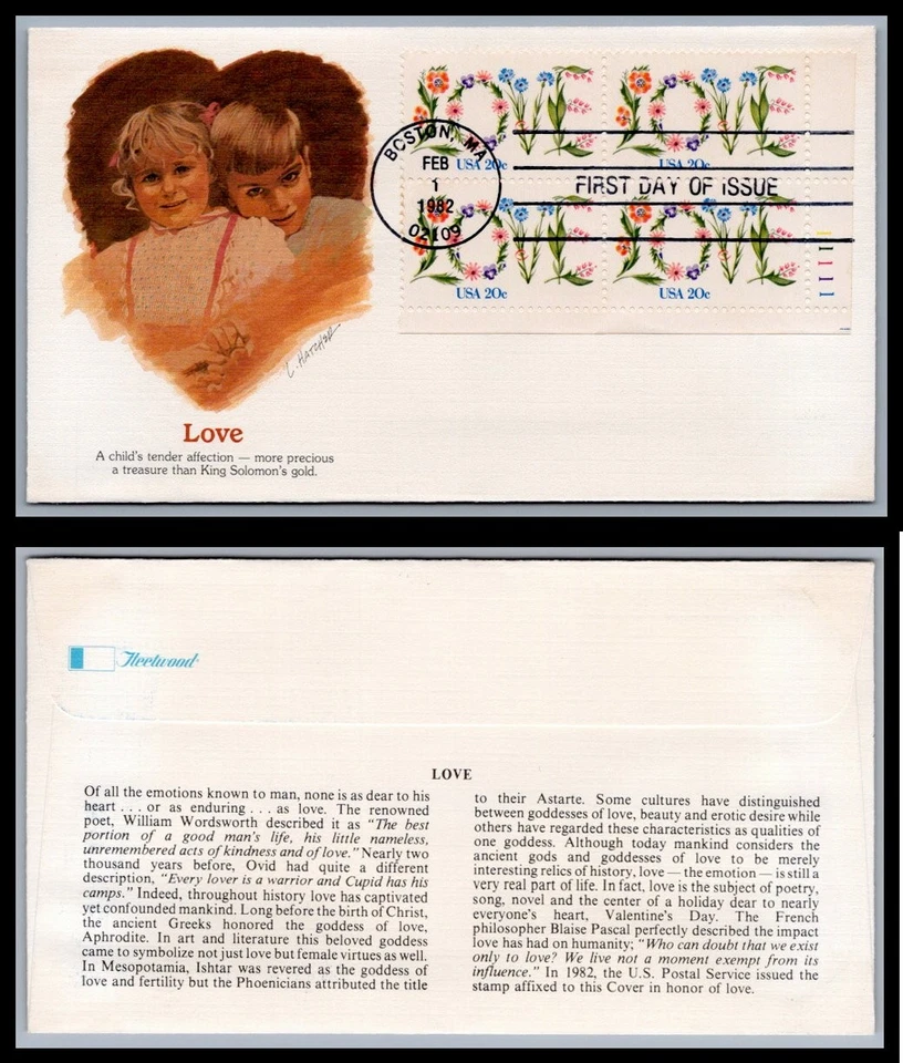 US FDC # 1951 20c Love Flowers  Fleetwood Plate Block 11111 LR 1982, 9Q1241 - Image 1 of 1