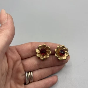Pendientes de plata esterlina de colección - diamantes de imitación rojos flor oro atornillados - #Z247 - Imagen 1 de 16