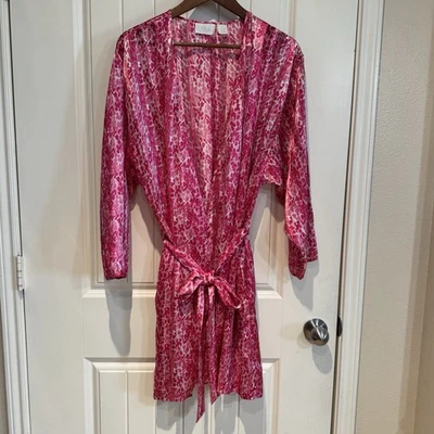 Go Softly Sheer Kimono Robe Pink Abstract Print Belted Loungewear Women’s Large - Image 1 of 4