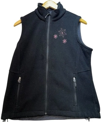 Port Authority Women Holiday Cardigan Fleece Vest M Black Embroidery Snowflake - Image 1 of 4
