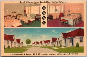 1950s NEW CASTLE Delaware Postcard DUTCH VILLAGE MOTOR COURT / Roadside LINEN - Picture 1 of 2