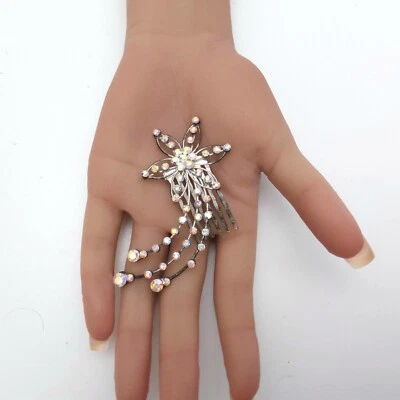 Vintage Aurora Borealis Rhinestone Crystal Hair Comb Silver 3 inch Wedding Prom - Image 1 of 2