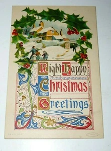 Vintage 1909 Christmas Greetings Postcard Embossed Holly Berries Snow House  - Picture 1 of 5