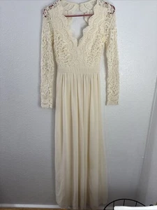 Maniju beige Spitzenkleid Maxi Schlüsselloch Rücken Spitzenkleid Gr. S Hochzeit 46" lang - Bild 1 von 10