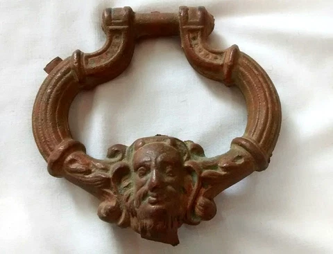 Antique Heavy Figural Bronze Brass Copper Door Knocker Handle Patina Salvage Cover