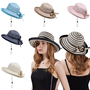 Beach Sun Hats for Women - Wide Brim Straw Womens Summer Hat with Wind Lanyard - Picture 1 of 30