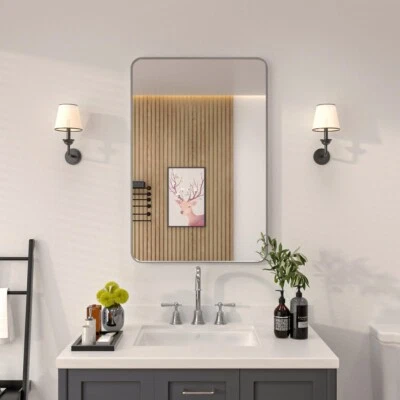 24 in. W x 36 in. Espejo tocador de baño de pared con marco rectangular H en gris pistola Foto 1 de 4