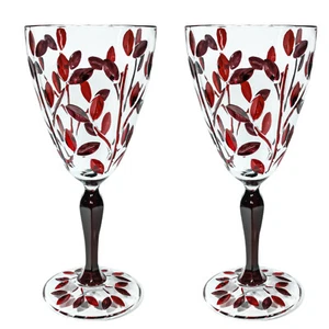 Pair of Murano Wine Glasses Red Hand Painted Dark Stem - Picture 1 of 3