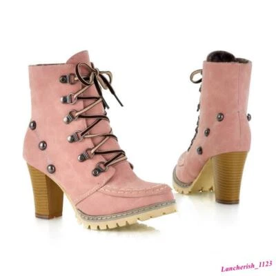 Rivet Women's Ankle Boots Lace Up Rivet High Top Chunky Heels Round Toe Shoes - Image 1 of 4