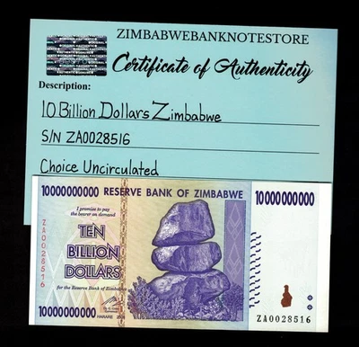 Auténtico billete de repuesto de 10 mil millones de dólares de Zimbabwe ZA 2008 UNC ZA0028516 Foto 1 de 3