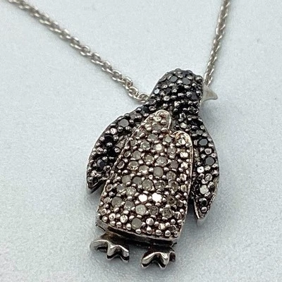 HN 925 Plata de Ley Blanco y Negro Diamante Pingüino 16" Collar Pavé Set Foto 1 de 4