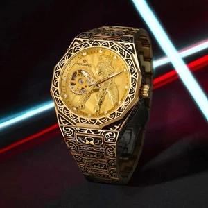 Forsining Vintage Gold Mechanical Watch Men Engraved Irregular Case Steel Strap - Picture 1 of 4