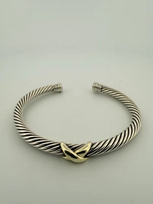 Brazalete con cable de 5 mm DAVID YURMAN .925 de oro de ley/14 k con cruz 6,75 pulgadas Foto 1 de 4