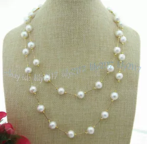 39 INCH HUGE NATURAL 8-9MM AKOYA WHITE PEARL STATION NECKLACE 14K GOLD P CLASP - Picture 1 of 7