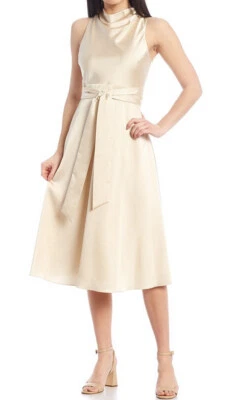 Antonio Melani Kinnon Satin Coconut Beige Drape Neckline Self Tie Dress 8 - Image 1 of 4