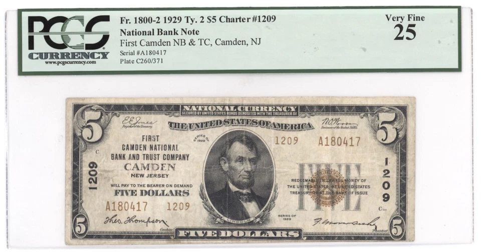 CH 12091929 $5 TYII FIRST CAMDEN NAIONAL BANK & TRUST CO CAMDEN, NJ PCGS VF 25 - Image 1 of 2