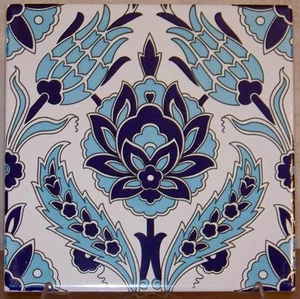 Iznik Blue Tulip & Carnation Pattern 8"x8" (20cm x 20cm) Turkish Ceramic Tile - Picture 1 of 1