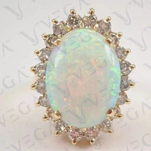 9.41ct Oval Shape Natural Opal Gemstones Diamond Ring Real 14K Yellow Gold - Picture 1 of 14