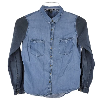 Forever 21 Denim Blue Snap Up Collared Blouse Cotton Small Colorblock - Image 1 of 4