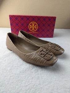 Tory Burch 7.5 Georgia Soft Croc Emboss Ballet Flats Almond Flour MSRP $268 - Picture 1 of 10
