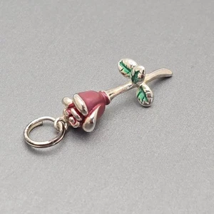 Sterling Silver & Enamel Accents Stem Rose Flower Charm Pendant Signed - Picture 1 of 4