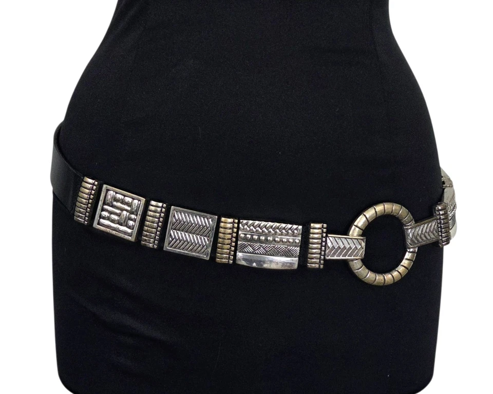 Cinturón Chico’s Cuero Negro Elástico Plata Metal Vintage Talla L Texturizado Años 90 Foto 1 de 4