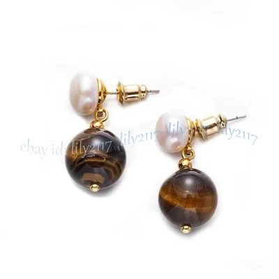 Pendiente colgante de oro amarillo ojo de tigre perla blanca natural de agua dulce de 7-8 mm Foto 1 de 4