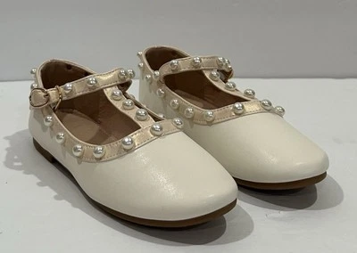 Girl's T-strap Mary Jane Cream Dress Shoes Size 12.5 (30) Faux Pearls Decor - Image 1 of 4