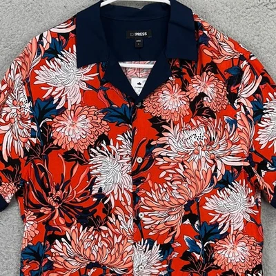 Express Mens Button Up Hawaiian Shirt Small Orange Floral Print Short Sleeve NEW - Image 1 of 4