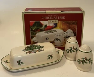 Spode Christmas Tree Hostess Set Butter Dish w/Lid Salt & Pepper Shakers, in Box - Picture 1 of 15