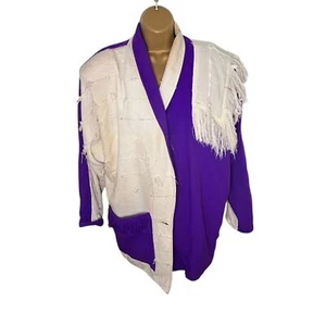 Vtg 80s Crystal Art Jacket Woven Colorblock Fringe Coat Boho Statement Piece XL - Picture 1 of 8