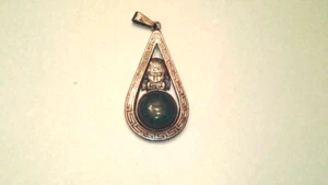 Vintage sterling Inca Mexican pendant green stone - Picture 1 of 8