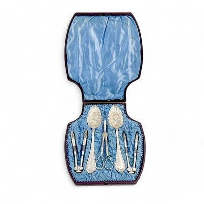 Старинный викторианский набор столовых приборов для сервировки десертов в коробке из серебра, щелкунчики - Изображение 1 из 4