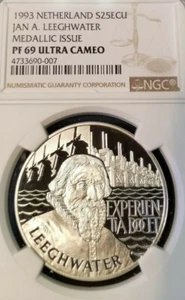 1993 NETHERLANDS S25ECU JAN A LEEGHWATER NGC PF 69 ULTRA CAMEO SCARCE TOP POP - Picture 1 of 3