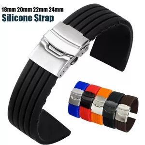 Silicone Rubber Watch Strap Band Waterproof Deployment Clasp 18mm 20mm 22mm 24mm - Picture 1 of 15