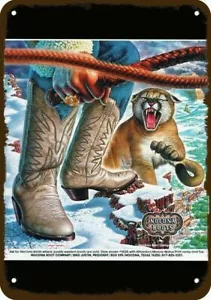 1982 NOCONA BOOTS Cowboy vs. Cougar Vintage Look DECORATIVE REPLICA METAL SIGN - Picture 1 of 1
