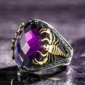 925 Sterling Silver Amethyst Stone Scorpion Figure Men's Ring - Picture 1 of 5