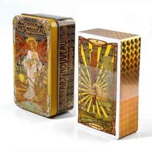 New Tarot Cards Deck Golden Art Nouveau 78 Cards Tin Metal Case 10.2cm x 6cm - Picture 1 of 5