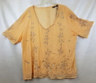 Top Boo Hoo Plus Melocotón Lentejuelas Cuentas Floral Cuello en V Manga Corta Cremallera Talla 20 NUEVO Foto 1 de 4
