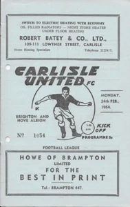 Carlisle United V Brighton & Hove Albion 24-2-1964 Fourth Division Programme - Picture 1 of 1