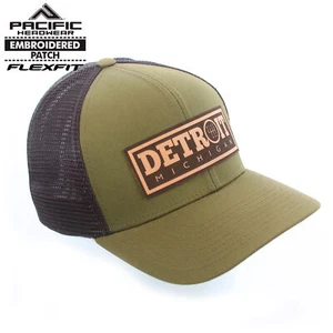 Detroit Gear Shift Box Leather Moss Green Flex-Fit Pacific Fusion Trucker Cap - Picture 1 of 5