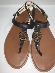 Michael Kors Sandals Womens 9 M Sondra Thong Slingback Black Brown Faux Leather