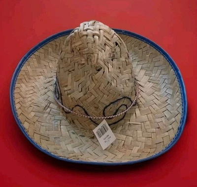 Woven Authentic Mexican Sombrero Blue Trim Straw Chin Strap 12" Child's Hat NEW - Image 1 of 4
