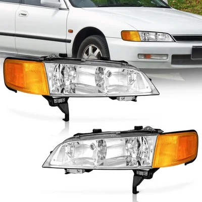 Pair Headlights Assembly For 1994-1997 Honda Accord Chrome Headlamps, w/o Bulbs - Image 1 of 4