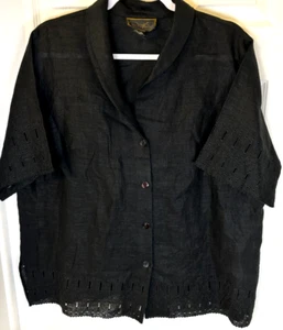 Diane Gilman Bluse Gr. 1X Designer klassisch 100% Leinen schwarz Ösen Top - Bild 1 von 8