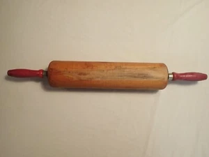 Vintage Red Handled Wooden Rolling Pin 24" with handles 14" Rolling length - Picture 1 of 6